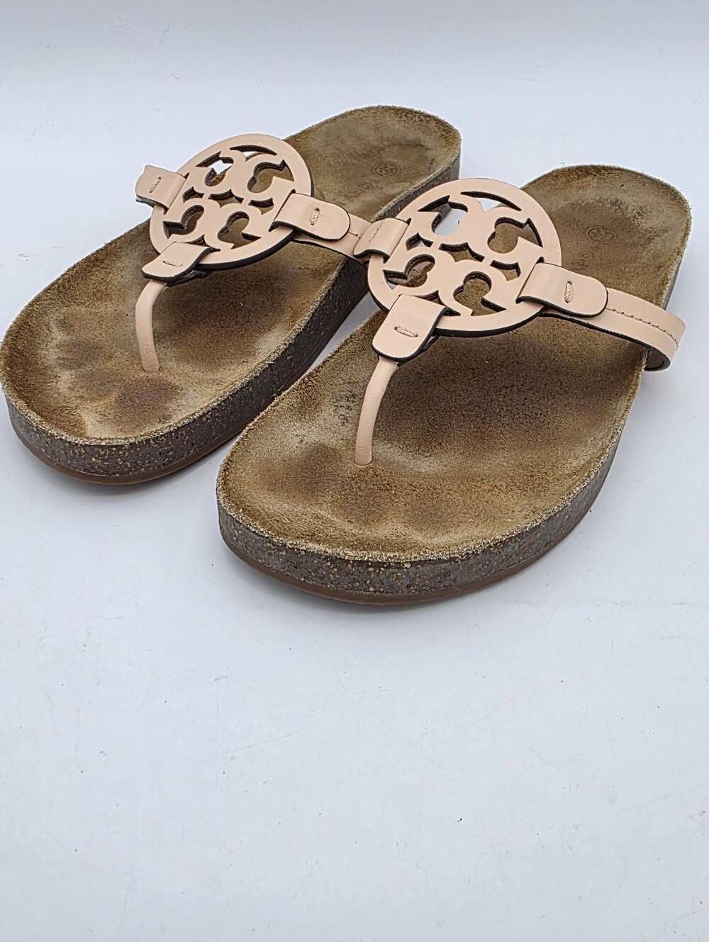 Tory Burch Pale Pink Leather Suede Thong Sandals with Signature Logo Sz 8.5